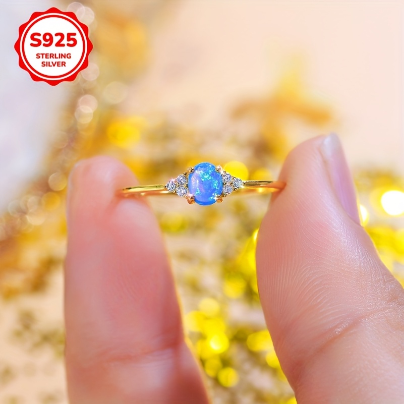Women's 925 Sterling Silver Golden Plated Retro Style Round Opal Engagement Ring